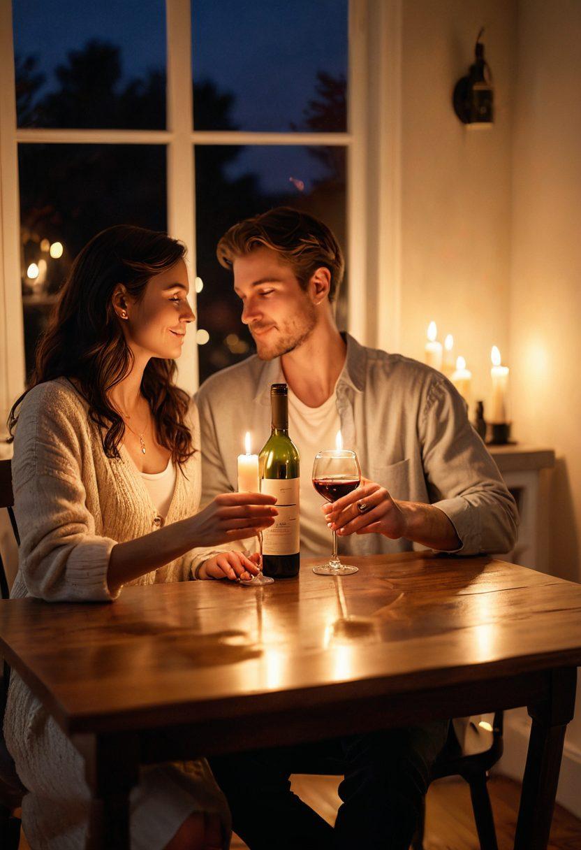 A cozy, intimate setting featuring a couple surrounded by soft, ambient lighting, enjoying a romantic dinner with candles and wine. Include elements that symbolize affection, like intertwined hands or soft heart shapes in the background. The atmosphere should exude warmth and passion, inviting the viewer into a world of deep connection. super-realistic. warm tones. soft focus.
