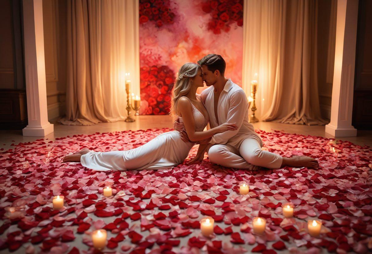 A beautifully arranged intimate scene depicting a couple engaged in a passionate embrace, showcasing their connection through warm lighting and soft textures. Surround them with artistic elements like rose petals, candles, and delicate fabric, emphasizing the atmosphere of romance and affection. Incorporate abstract art elements in the background to symbolize creativity and pleasure. Gentle pastel colors enhance the mood, creating an inviting visual experience. super-realistic. warm tones. intimate ambiance.