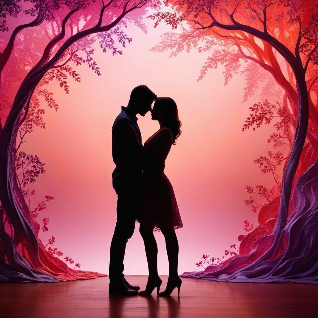 A captivating visual journey showcasing the evolution of intimacy through art, blending bold romantic scenes with tasteful explicit elements. Include silhouettes of couples in affectionate poses against a dreamy backdrop of soft, swirling colors symbolizing passion and connection. Incorporate delicate textures and patterns to evoke a sense of depth and emotion, highlighting the beauty of intimacy. super-realistic. vibrant colors. soft focus.